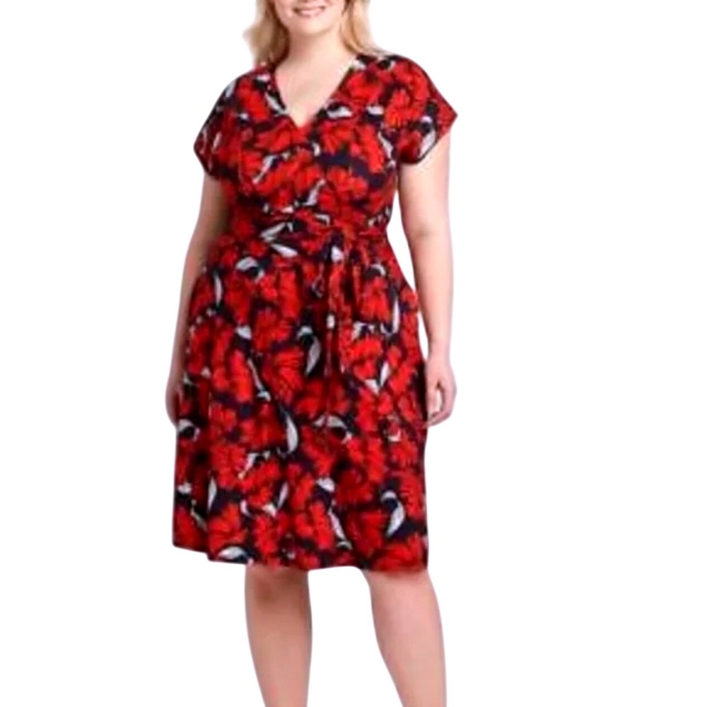 NWOT Lane Bryant Lena Red Navy Floral Fit  & Flare Midi Dress w/Pockets Size 18‎
